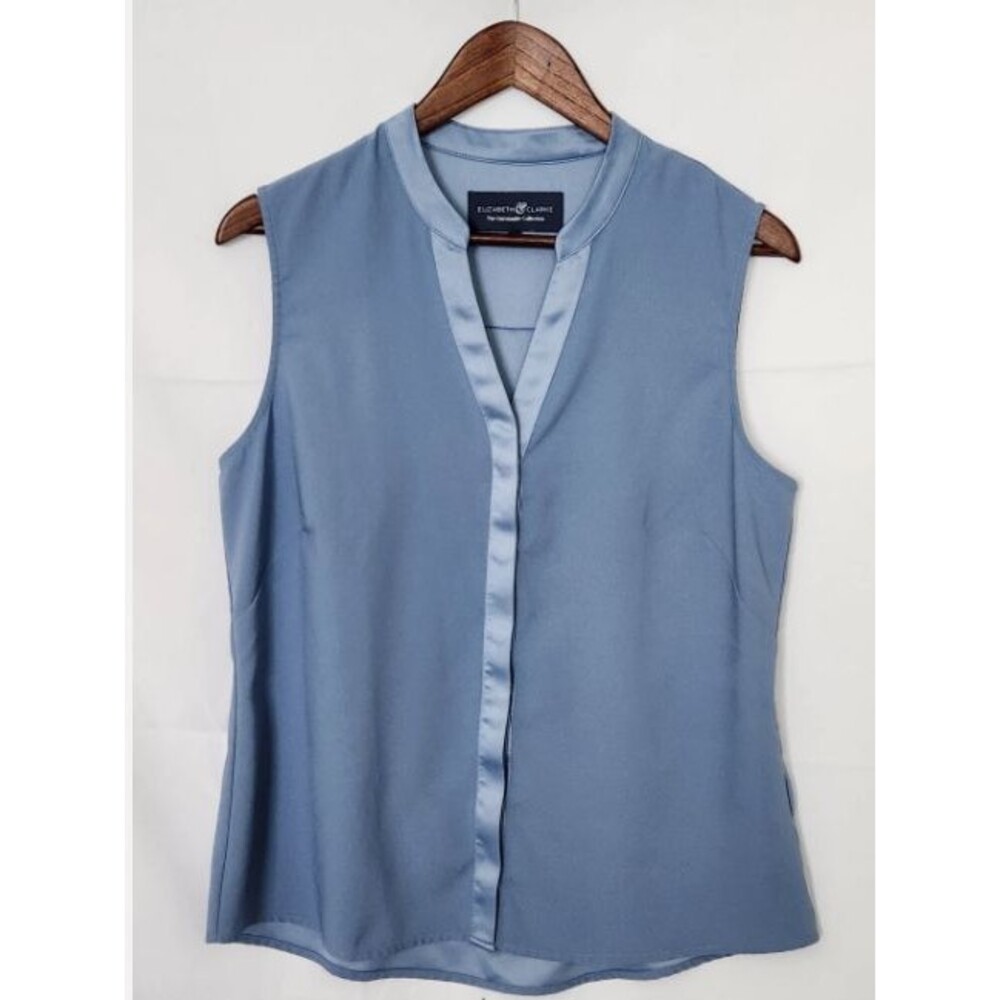 Elizabeth & Clarke Blue Sleeveless Blouse StainTech Split Neck Professional 12